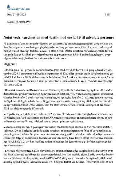 Notat Vedr. Vaccination Med 4. Stik Mod Covid-19 Til Udvalgte Personer ...